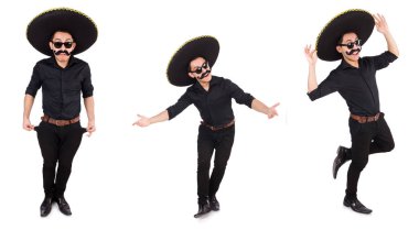 Meksika şapkası takan komik bir adam beyaz şapkalı.