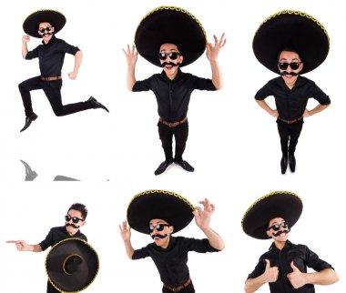 Meksika şapkası takan komik bir adam beyaz şapkalı.