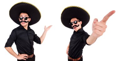 Meksika şapkası takan komik bir adam beyaz şapkalı.