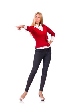 Beyaz arka planda izole edilmiş güzel bir kadın modeli.