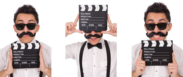 Whiskered young man with clapperboard isolated on white — Stock Photo, Image