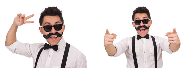 Joven con bigote aislado en blanco — Foto de Stock