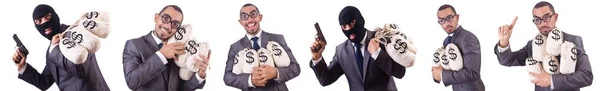 Gangster s pytli peněz na bílém pozadí — Stock fotografie
