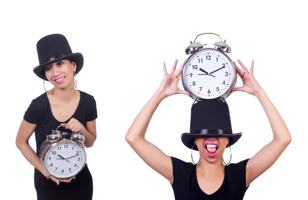 Mujer joven con reloj aislado en blanco —  Fotos de Stock