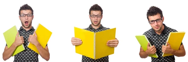 Jonge student met boek en rugzak op wit — Stockfoto