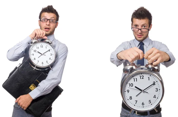 Collage von Geschäftsmann mit Uhr auf Weiß — Stockfoto