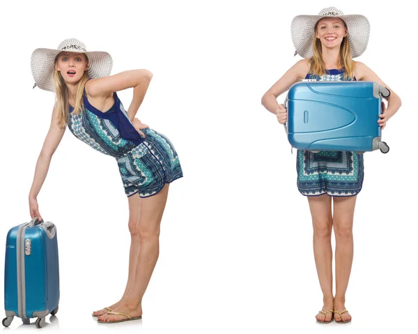 Collage de mujer que se prepara para las vacaciones de verano aislado en blanco — Foto de Stock