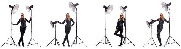Collage di donna durante servizio fotografico isolato su bianco — Foto Stock