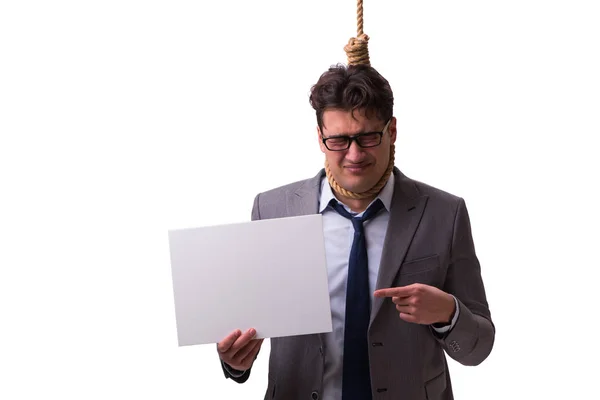 Bankrupt businessman hanging himself isolated on white — Stock Photo, Image