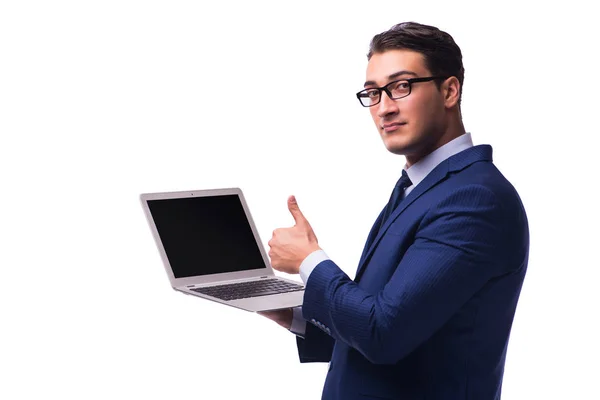 Homem de negócios com laptop isolado no branco — Fotografia de Stock