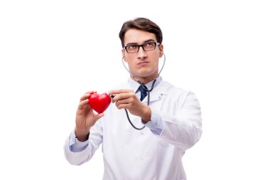 Beyaz arka plan üzerinde izole kalp ile doktor