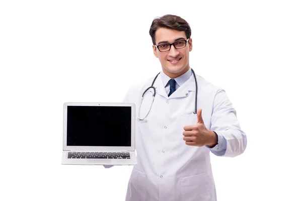 Ο γιατρός με το laptop που απομονώνονται σε λευκό φόντο — Φωτογραφία Αρχείου