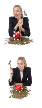 kadın Piggy banka tasarruf için kırma