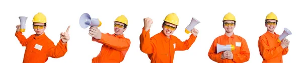 Builder with loudspeaker isolated on white — Stock Photo, Image