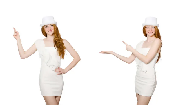 Femme appuyant sur bouton virtuel isolé sur blanc — Photo