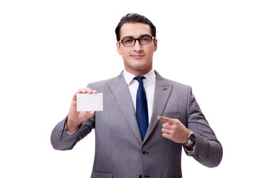 Beyaz arka plan üzerinde izole boş kartı ile işadamı