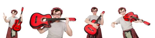 Scotsman playing guitar isolated on white — Stock Photo, Image