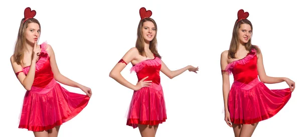 분홍색 드레스를 입은 예쁜 소녀가 흰 옷을 입고 외따로 떨어져 있다 — 스톡 사진
