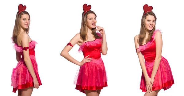 Flicka i vacker rosa klänning isolerad på vitt — Stockfoto