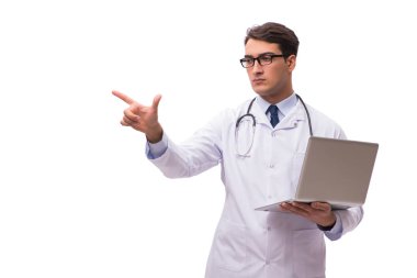 Doktor beyaz arka plan üzerinde izole dizüstü bilgisayar ile