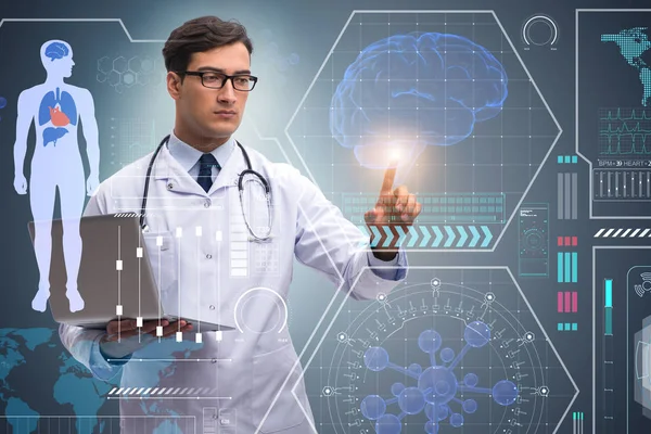 Medico in concetto medico futuristico premendo il pulsante — Foto Stock