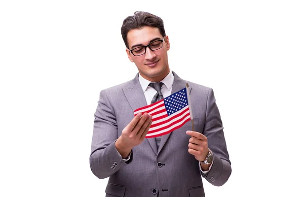 Joven hombre de negocios con bandera aislada en blanco — Foto de Stock