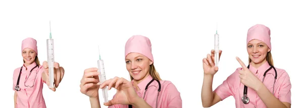 Женщина-врач со шприцем на белом — стоковое фото