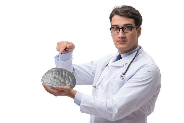 Médico masculino com o cérebro isolado em branco — Fotografia de Stock