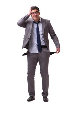 İflas etmiş işadamı beyaz arka planda izole edilmiş