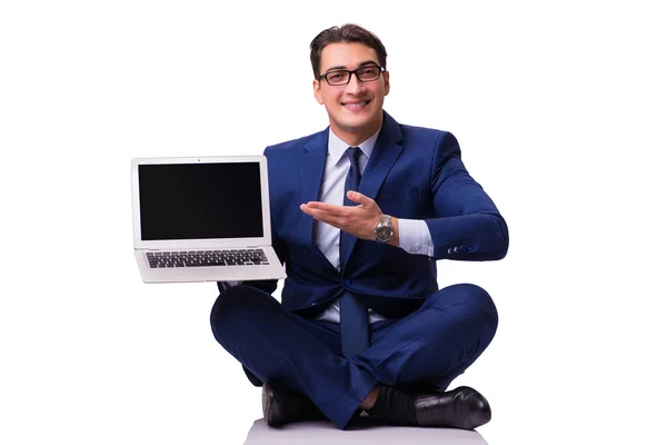 Podnikatel, sedí na podlaze izolované na bílém — Stock fotografie
