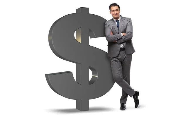 Бізнесмен поруч із знаком долара ізольовано на білому — стокове фото