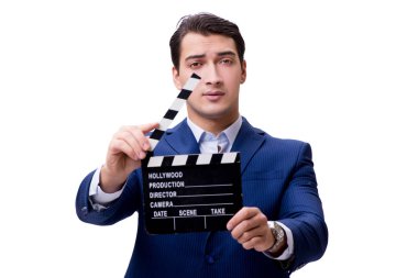 Beyaz izole film tokmağı ile yakışıklı adam