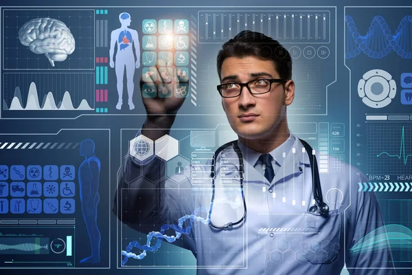 Arzt in futuristischem Medizinkonzept drückt Knopf — Stockfoto