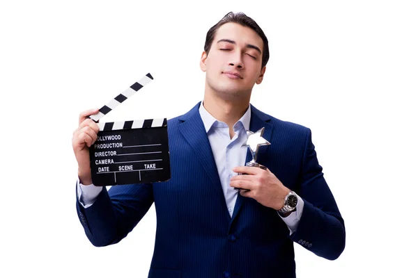 Schöner Mann mit Filmklöppel isoliert auf weiß — Stockfoto