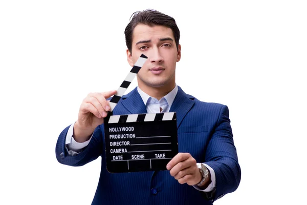 Pohledný muž s filmové klapky izolované na bílém — Stock fotografie