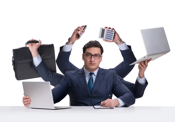 Επιχειρηματία στο multitasking έννοια απομονωθεί σε λευκό — Φωτογραφία Αρχείου
