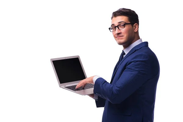 Uomo d'affari con computer portatile isolato su bianco — Foto Stock