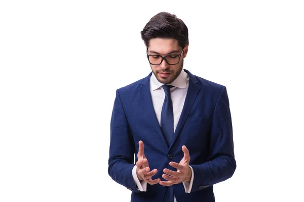 Businessman holding virtual object isolated on the white — Stock Photo, Image