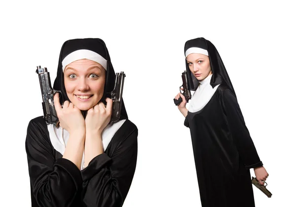 Nun with gun isolated on white — Stock Photo, Image