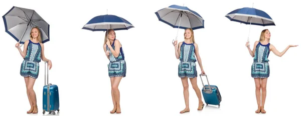 Collage einer Frau mit Regenschirm und Koffer — Stockfoto