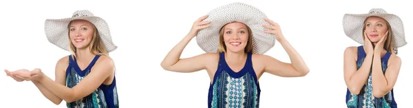 Collage of woman with panama hat isolated on white — Stock Photo, Image