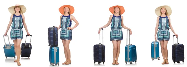 Collage de mujer que se prepara para las vacaciones de verano aislado en blanco — Foto de Stock