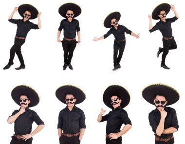 Meksika şapkası takan komik bir adam beyaz şapkalı.