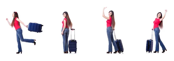 Söt flicka med resväska isolerad på vit — Stockfoto