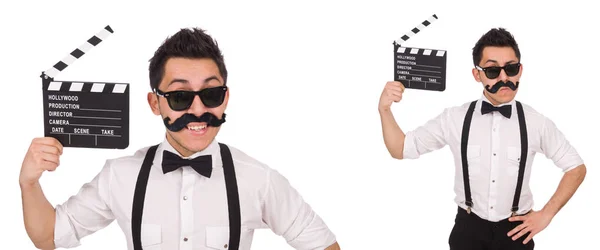 Whiskered man with clapperboard holding isolated on white — Stock Photo, Image