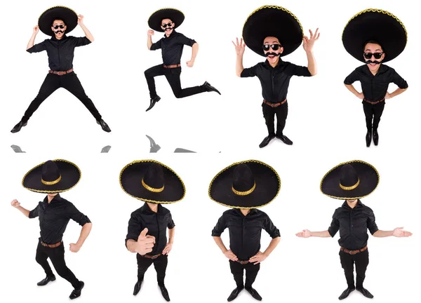 Hombre divertido con sombrero mexicano sombrero aislado en blanco —  Fotos de Stock