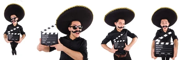 Pria lucu memakai topi sombrero Meksiko terisolasi di atas putih — Stok Foto