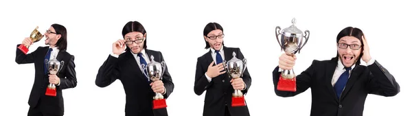 Επιχειρηματίας απονέμεται με βραβείο κύπελλο απομονώνονται σε λευκό — Φωτογραφία Αρχείου