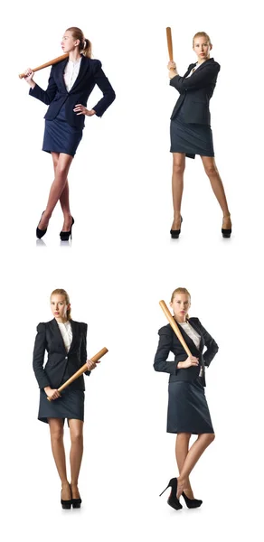 Businesswoman with baseball bat on white — Stock Photo, Image