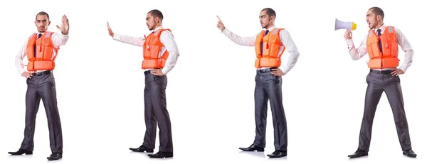 Uomo d'affari con gilet di sicurezza di salvataggio su bianco — Foto Stock